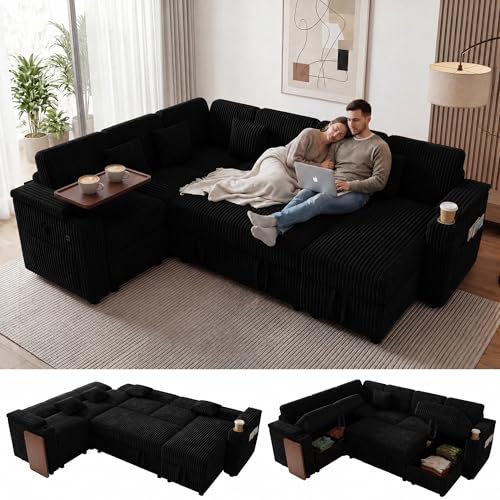 100" Modular Sectional Sleeper Sofa with Pull Out Bed/Side Table/USB Charging/Storage Chaise, U Shaped 7 Seat Corduroy Sofa with Storage Armrests/Cup Holders, Comfy Convertible Cloud Couch, Black - color: Black