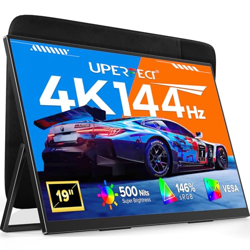 UPERFECT Portable Monitor 4K 144Hz QLED, 19" UHD 3840×2160 Gaming Monitor | 500 Nits, 2000:1, 146% sRGB, 0.1ms, Built-in Stand & VESA Mount, Travel Gaming Monitor for Laptop, PC & Gaming Consoles - size: 19"