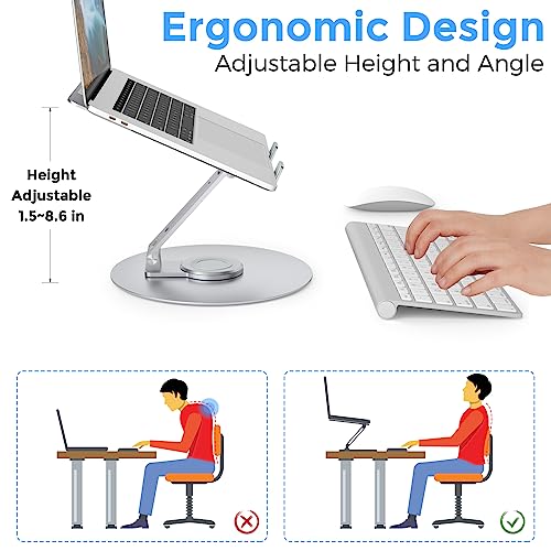 Swivel Laptop Stand for Desk, Adjustable Height Aluminum Computer Stand with 360 Rotating Base, Foldable Ergonomic Riser, Portable Laptop Holder Compatible with MacBook, All Laptops 10-17'', Chrome - color: Chrome