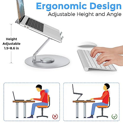 Swivel Laptop Stand for Desk, Adjustable Height Aluminum Computer Stand with 360 Rotating Base, Foldable Ergonomic Riser, Portable Laptop Holder Compatible with MacBook, All Laptops 10-17'', Chrome - color: Chrome