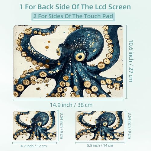 Universal Laptop Skin Decal, 3-Piece Vinyl Protector for 12 13 14 15.6" Notebook, Waterproof Anti-Scratch, Easy Trim & Bubble-Free Finish, Octopus Skin Gold Foil Accents Teal - color: Octopus Skin Gold Foil Accents Teal