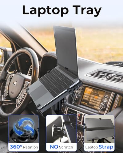 Car Laptop Mount with 2 Cooling Fans, No-Drill Adjustable Vehicle Computer Mount for Trucks, Vans, Heavy Duty Aluminum Laptop Holder for Work on The Go