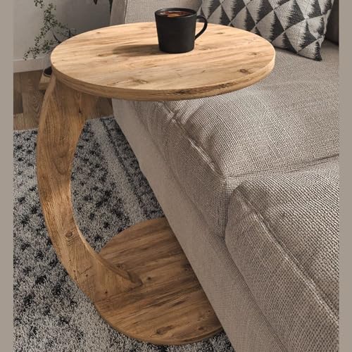 C Shaped End Table for Couch Small Places, Space Saver Round Side Table for Sofa and Bedside with Wheels, Coffee and Eating Snack Time Tray for Living Room, Office (Natural) - color: Natural