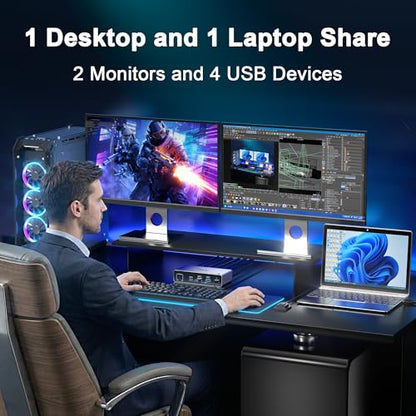 usbc kvm Switch 2 Monitors 1 Desktop and 1 Laptop 4K@60Hz, Dual Monitor KVM Switch Docking Station, Expand 2 HDMI Displays,3xUSB 3.0,1xUSB c,PD 80W, Wired Remote and USB c Cable Included