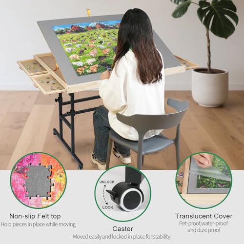 ALL4JIG 1500 Piece Puzzle Table with Legs, 24.53"x33.19"Adjustable Puzzle Table, 3-Tilting-Angle Portable Wooden Puzzle Board with 4 Drawers&Cover,Drafting&Laptop Table for Couch,for Lego Building