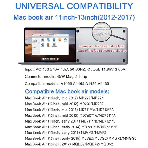 Mac Book Air Charger Replacement, 45W Power T-tip Magnetic DC Connector Adapter for Mac Book Air 11 inch and 13 inch (Between 2012-2017) (White)