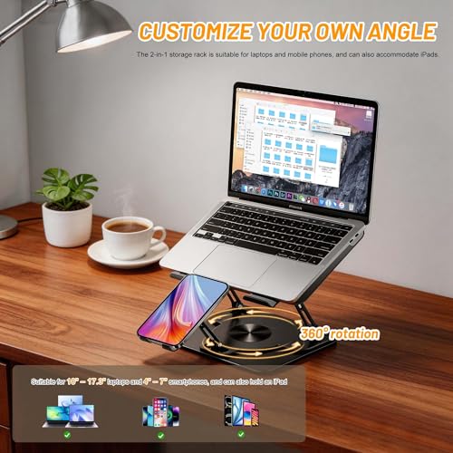 360 Rotating 2-in-1 Laptop Stand with Phone Holder,Ergonomic Adjustable Computer Riser for Desk,Computer Stand for Laptop,Foldable Laptop Holder,Compatible with All Laptops and Phones