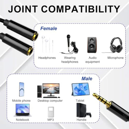 3.5mm Headphone Splitter, 2Pcs Headphone Splitter Audio & Mic Support, Aux Splitter 1 in 2 Out Stereo Y Cable Compatible with Phone, Tablet, Laptop, PC, Switch, MP3