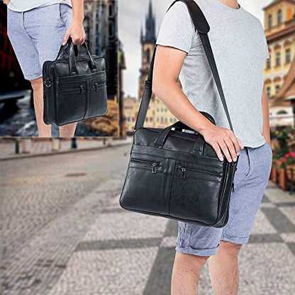 seyfocnia Men's Leather Messenger Bag, Laptop Briefcase Business Satchel Computer - size: 15.6inch, style: Black