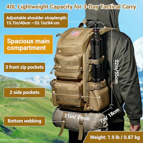 kokkoya 40L Tactical Backpack with Laptop Compartment Molle Slim Bag Men - color: Khaki