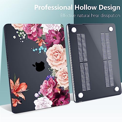 TWOLSKOO for MacBook Air 13 inch Case M5 2026 M4 2025 M3 M2 2024-2022 A3449 A3240 A3113 A2681, Plastic Hard Shell & Keyboard Cover & Screen Film for MacBook Air 13.6 inch Case, Black Peony - color: Black Peony