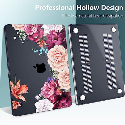TWOLSKOO for MacBook Air 13 inch Case M5 2026 M4 2025 M3 M2 2024-2022 A3449 A3240 A3113 A2681, Plastic Hard Shell & Keyboard Cover & Screen Film for MacBook Air 13.6 inch Case, Black Peony - color: Black Peony