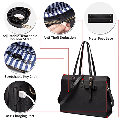 Keyli 4pc Sets Laptop Bag for Women Large Leather Laptop Briefcase with USB Charging Port Computer Shoulder tote Bags Purse - color: Black