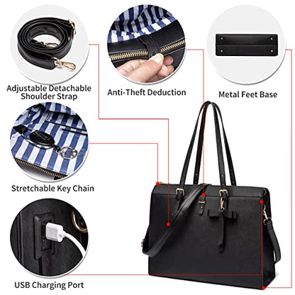 Keyli 4pc Sets Laptop Bag for Women Large Leather Laptop Briefcase with USB Charging Port Computer Shoulder tote Bags Purse - color: Black