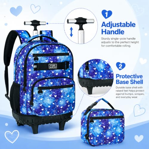 3Pcs Rolling Backpack for Girls Women, Travel Roller Backpacks with Wheels for Adults, Teens College Love Polka Dots Wheeled Bookbag with Lunch Box(Blue) - color: Blue