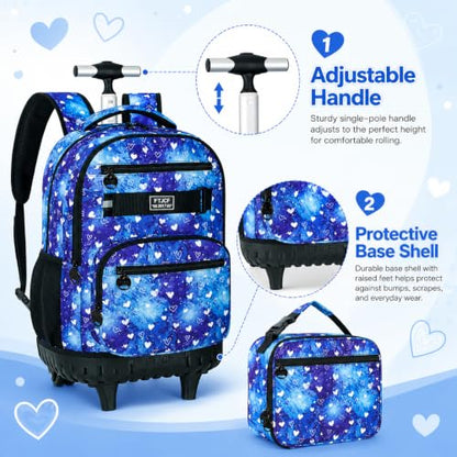 3Pcs Rolling Backpack for Girls Women, Travel Roller Backpacks with Wheels for Adults, Teens College Love Polka Dots Wheeled Bookbag with Lunch Box(Blue) - color: Blue