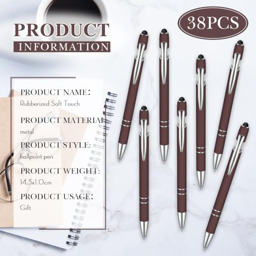 Zonon 38 Pieces Rubberized Ballpoint Pen with Stylus Tip Stylish Metal Pen Capacitive Stylus with Soft Rubberized Grip, Black Ink for Most Devices(Dark Brown) - color: Dark Brown
