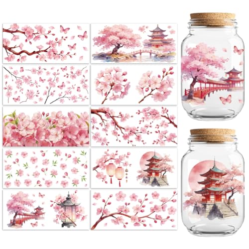 Peacoblue UV DTF Cup Wraps Transfer Stickers Cherry Blossom Pattern, 10 Sheets Waterproof Custom Vinyl Transfer Sticker 16oz Coffee Glass Cup Tumbler Bottle Mug Decals for Men Women - style: Cherry Blossom
