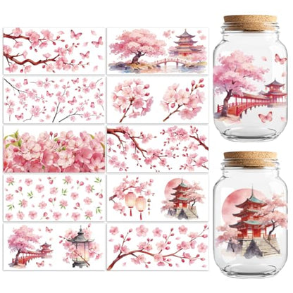 Peacoblue UV DTF Cup Wraps Transfer Stickers Cherry Blossom Pattern, 10 Sheets Waterproof Custom Vinyl Transfer Sticker 16oz Coffee Glass Cup Tumbler Bottle Mug Decals for Men Women - style: Cherry Blossom