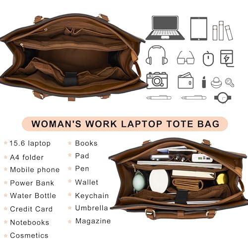 YZAOLL 15.6 Inch Laptop Bag for Women Work Tote Briefcase for Teacher Purse - color: Brown