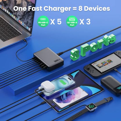 USB C Charger 300W USB C Charger Block,Upgraded GaN IV 8-Port Fast Charging Station Hub,PD 100W Laptop Charging Adapter Compatible with MacBook Pro/Air,DELL,Steam Deck,iPhone 16/15/14,Galaxy S23/22 - color: Black, size: 300W
