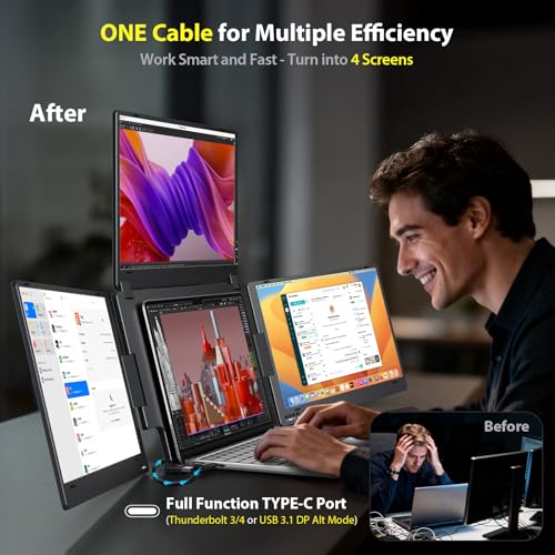 KYY Laptop Screen Extender Driver Need, 15.6'' Quad Portable Monitor Laptop | Triple Monitor for Travel 1 Cable Connect, Auto-Rotation Top Display, Portable Monitor w/Stand, Windows MacOS Linux(Ubuntu) - color: Black