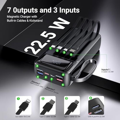 Portable Charger Power Bank 50000mAh- 7 Outputs & 3 Inputs USB-C PD 22.5W Fast Charging Powerbank Battery Pack with Built-in Cables and Ports LED Display for iPhone 16 15 14 13 Samsung Android iPad - size: 50000mAh