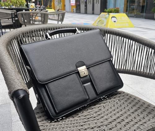 Mens Leather Briefcases Office Attorney Attache Case Ideal Gift Messenger Bag w/Padded Compartment,Black - color: Black - Fits 14" Laptop