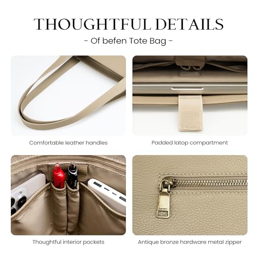 befen Genuine Leather Tote Bag for Women Work Travel Leather Purse Handbags | Real Leather, Padded 14" Laptop Compartment, Multi-Pockets, Zipper, Tote Bag for Daily - color: Z1-taupe