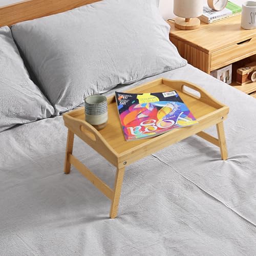 WKWKER Bamboo Bed Tray Table with Folding Legs Set of 2 Foldable Breakfast Tray Portable Serving Table Laptop Snack Drawing Breakfast Trays for Bed (Set of 2)