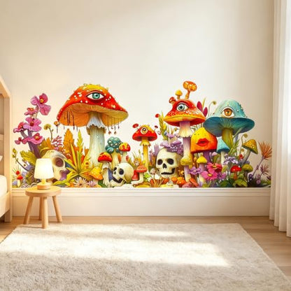 Trippy Mushroom Wall Decal Psychedelic Skull Floral Border Decor Sticker | Hippie Skull Wall Stickers, Peel and Stick Removable Flowers Vinyl Home Decor Art for Bedroom Living Room Classroom Office - style: Mushroom#3
