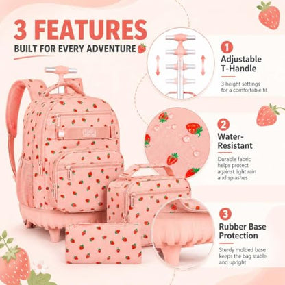3Pcs Rolling Backpack for Women Girls with Large Wheels, 20 Inches Detachable Wheeled Backpack Set, Adults Water Resistant Roller Backpack for Travel, Work, College School (Pink) - color: Pink Strawberry
