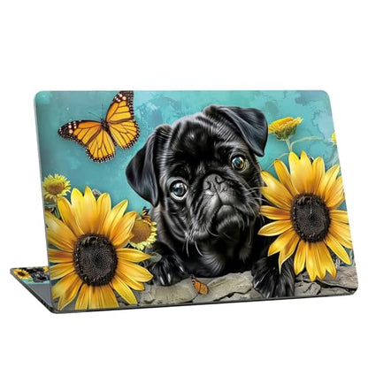 Universal Laptop Skin Sticker with 2 Wrist Pad Skins, Waterproof Scratch Resistant Vinyl Laptop Cover Decal, Cut to Fit for 11–15.6 Inch MacBook HP Dell Lenovo, Black Dog Sunflower - color: Black Dog Sunflower