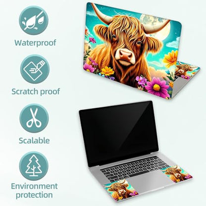 Universal Laptop Skin Decal, 3-Piece Vinyl Protector for 12 13 14 15.6" Notebook, Waterproof Anti-Scratch, Easy Trim & Bubble-Free Finish, Cute Highland Cow Flowers - color: Cute Highland Cow Flowers