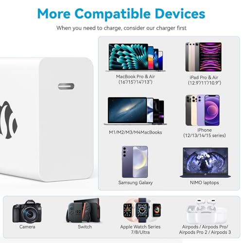NIMO MacBook Pro Charger, 100W GaN USB C Charger Compatible with MacBook Air, Samsung Galaxy, NIMO Laptops, iPad Pro, and More, Fast Charging, Durable & Compact Design, Includes 6.6FT USB C Cable