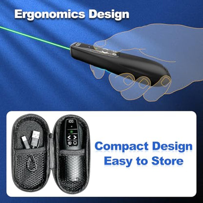 Rechargeable Presentation Clicker with Case, Power Digital Display Wireless Presenter Remote, USB C Green Light Pointer Computer PowerPoint PPT Clickers for Mac Laptop, Slideshow Google Slide Advancer - style: Green Light & Power Display