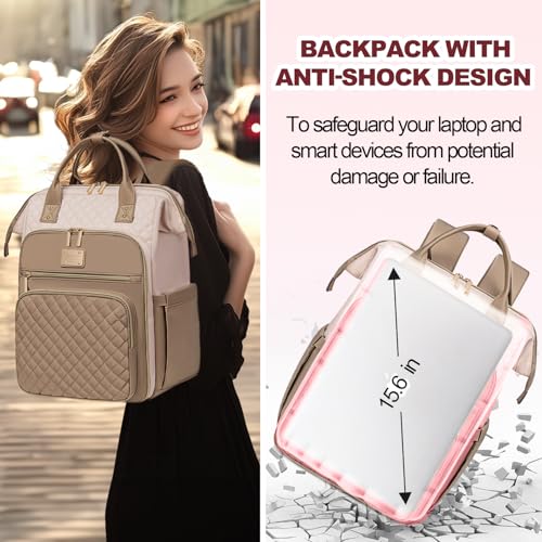 Otevan Lunch Backpack for Women, 15.6 inch Laptop Backpack, Work & Travel Backpack with Insulated Lunchbox Cooler - color: Beige/Kakhi