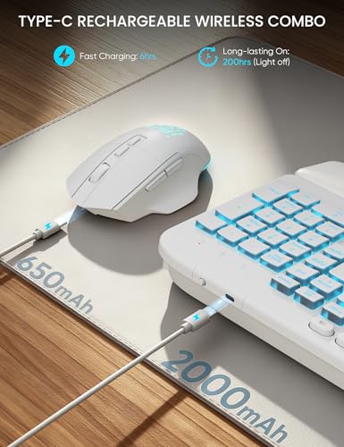 SABLUTE Wireless Keyboard and Mouse Combo - Ergonomic Wave Keyboard with Soft Leather Wrist Rest, Phone Holder, Rechargeable, RGB Backlit Mouse, Full-Size Set for Windows/Mac/Computer (White) - color: White