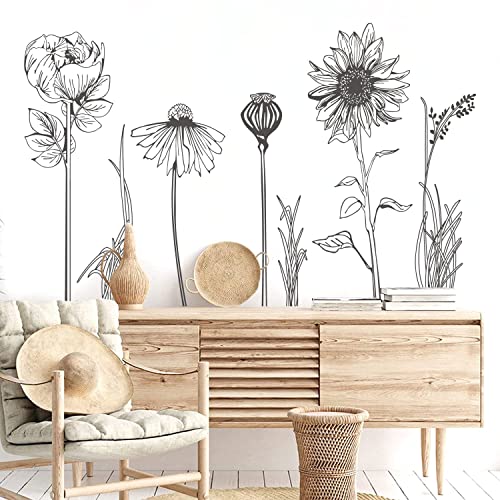 Black Simple Flower Plant Wall Decals, 2 Sheets Large Boho Floral Modern Wall Stickers Peel Stick Sketch Wildflower Wallpaper Art Decor for Bedroom Living Room Office Gifts for Mom(11.8x35.4 in/Sheet) - style: Black Simple Flower Set