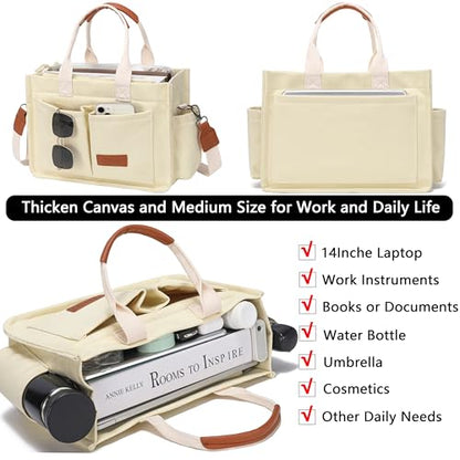 ZHMO Canvas Tote Bag for Women,Women's Bags Crossbody Bags Work Laptop Tote Bag Large Handbags Purse for Travel Nurse Teacher - color: New Upgrade Beige With Compartments and Side Cup Holders