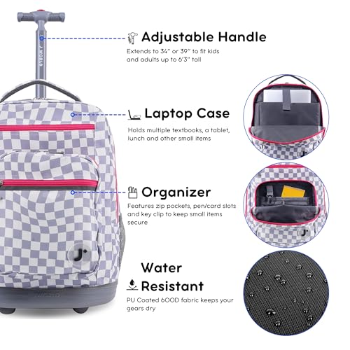 J World Sundance Laptop Rolling Backpack for Girls Boys. Roller Bookbag with Wheels, 20 Inch, Lavender Checkers - color: Lavender Checkers