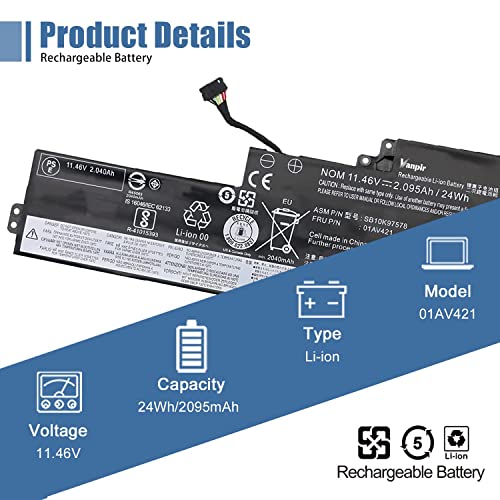 01AV421 T470 T480 Laptop Battery Replacement for Lenovo ThinkPad A475 A485 TP25 Series Notebook SB10K97578 01AV419 01AV420 01AV489 SB10K97576 SB10K97577 11.46V 24Wh 2095mAh 3-Cell - size: 9.80*3.58*0.33 inch 01AV421