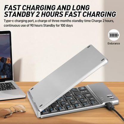 Mini Rechargeable Foldable Bluetooth Keyboard and Mouse Combo, Portable (Sync Up to 3 Devices), Ultra-Slim Travel Folding Keyboard for iPhone iPad Mac Android Windows iOS(Grey) - color: grey