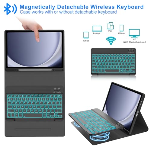 Keyboard Case for Samsung Galaxy Tab A9 Plus 5G 11 Inch 2023, 7 Color Backlit Detachable Wireless Bluetooth Keyboard Cover with S Pen Holder, Auto Sleep/Wake (Black) - color: Light Black