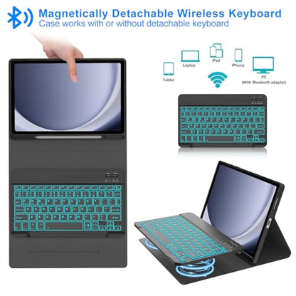 Keyboard Case for Samsung Galaxy Tab A9 Plus 5G 11 Inch 2023, 7 Color Backlit Detachable Wireless Bluetooth Keyboard Cover with S Pen Holder, Auto Sleep/Wake (Black) - color: Light Black
