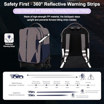 NEW TILAMI 18 Inch Expandable Rolling Backpack Stair-Climbing for School | 6-Wheel Stair-Climbing Girls Boys Carry-on Suitcase 15.6 Laptop Sleeve Water-Resistant Adjustable Handle Wheel Travel Camping - color: Purple