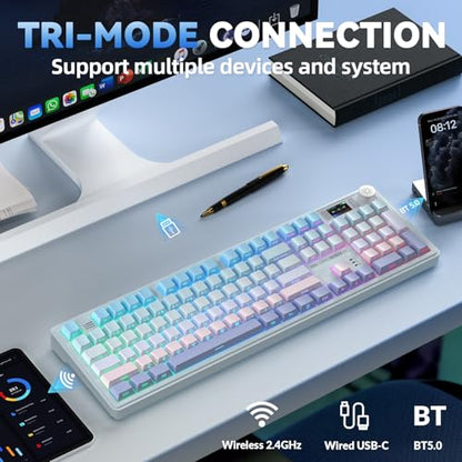 LINGBAO K108 Pro Wireless Mechanical Creamy Keyboard with Number Pad & Knob | Full Size Mechanical Keyboard with 10000mAh Battery, PBT Keycaps, Gasket Mount, RGB Backlit Hot-swap Custom Keyboard for PC - color: Blue & Pink & Purple(side print)