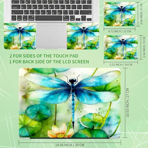 Laptop Skin Sticker Decal, Universal Protective Cover Fit 12 13 14 15.6 Inch Notebook, Reusable Water-Resistant Vinyl Decal w/ 2 Wrist Pads for Business Travel Office, Green Dragonfly - color: Green Dragonfly