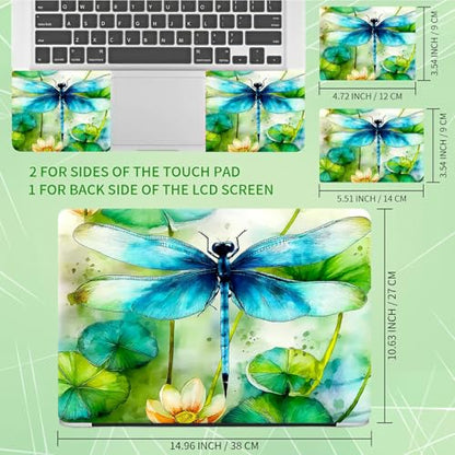 Laptop Skin Sticker Decal, Universal Protective Cover Fit 12 13 14 15.6 Inch Notebook, Reusable Water-Resistant Vinyl Decal w/ 2 Wrist Pads for Business Travel Office, Green Dragonfly - color: Green Dragonfly