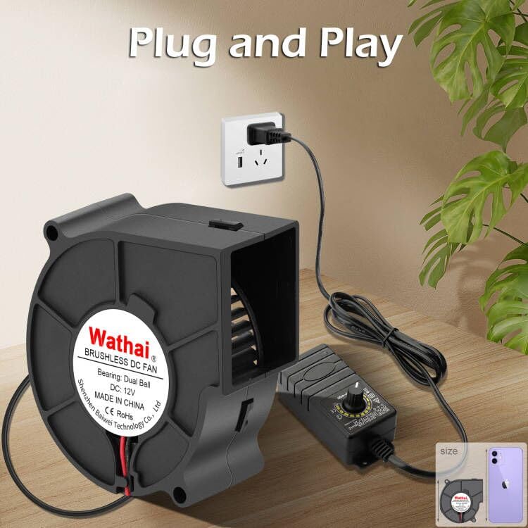 Wathai 75mm x 30mm Blower Fan Dual Ball with AC 110v - 240V Speed Control | High Performance for for DIY Inflatable or Exhaust Cooling - style: 12V Fan with Speed Control